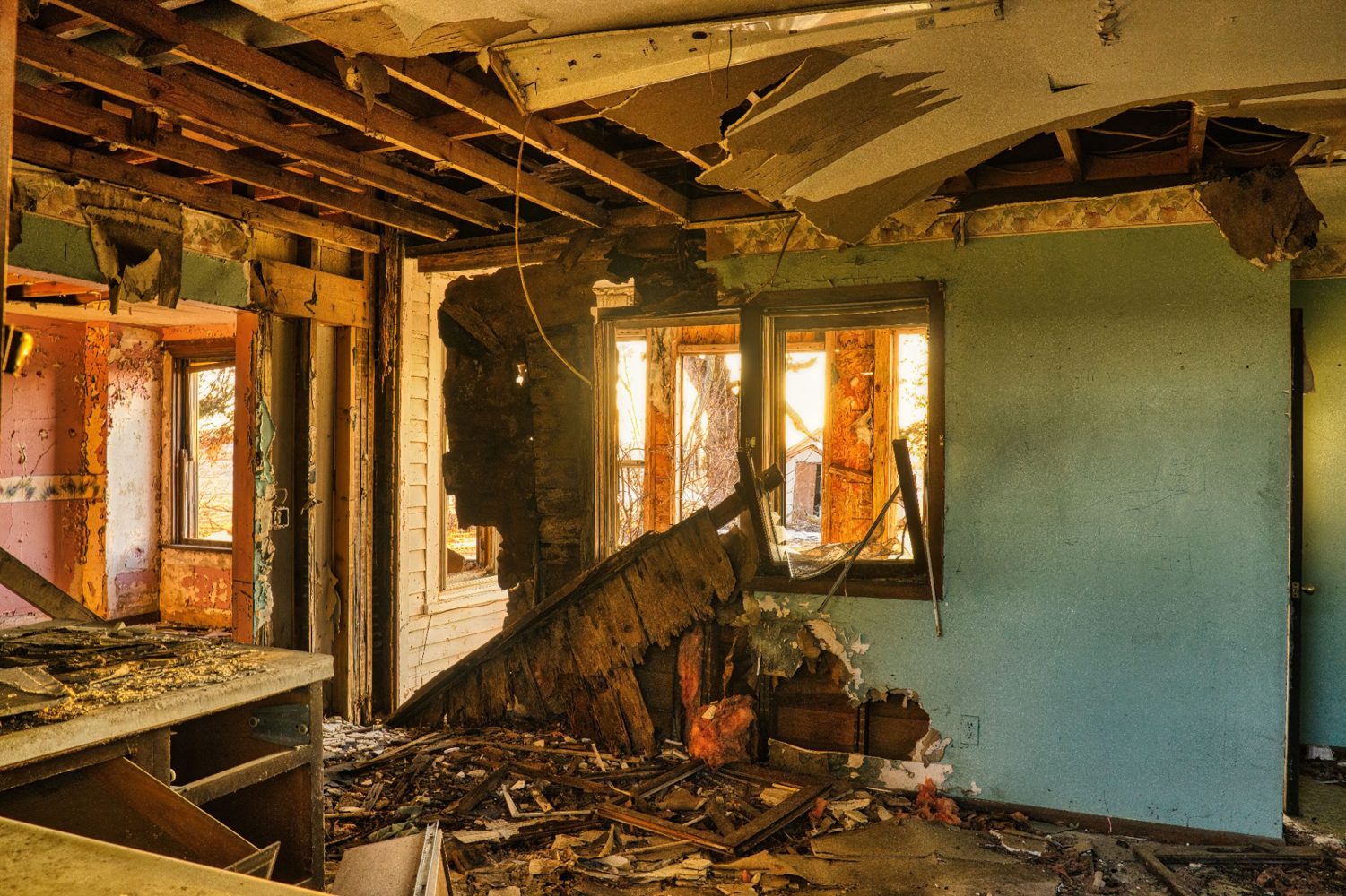 Interior water damage cleanup scene